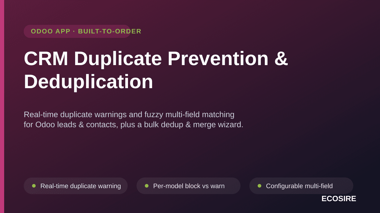 CRM Duplicate Prevention & Deduplication — Real-time duplicate warnings and fuzzy multi-field matching for Odoo leads & conta — Image 1 of 3