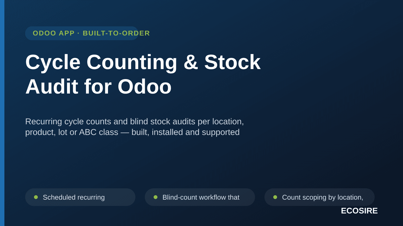 Cycle Counting & Stock Audit for Odoo — Recurring cycle counts and blind stock audits per location, product, lot or ABC class — Image 1 of 3
