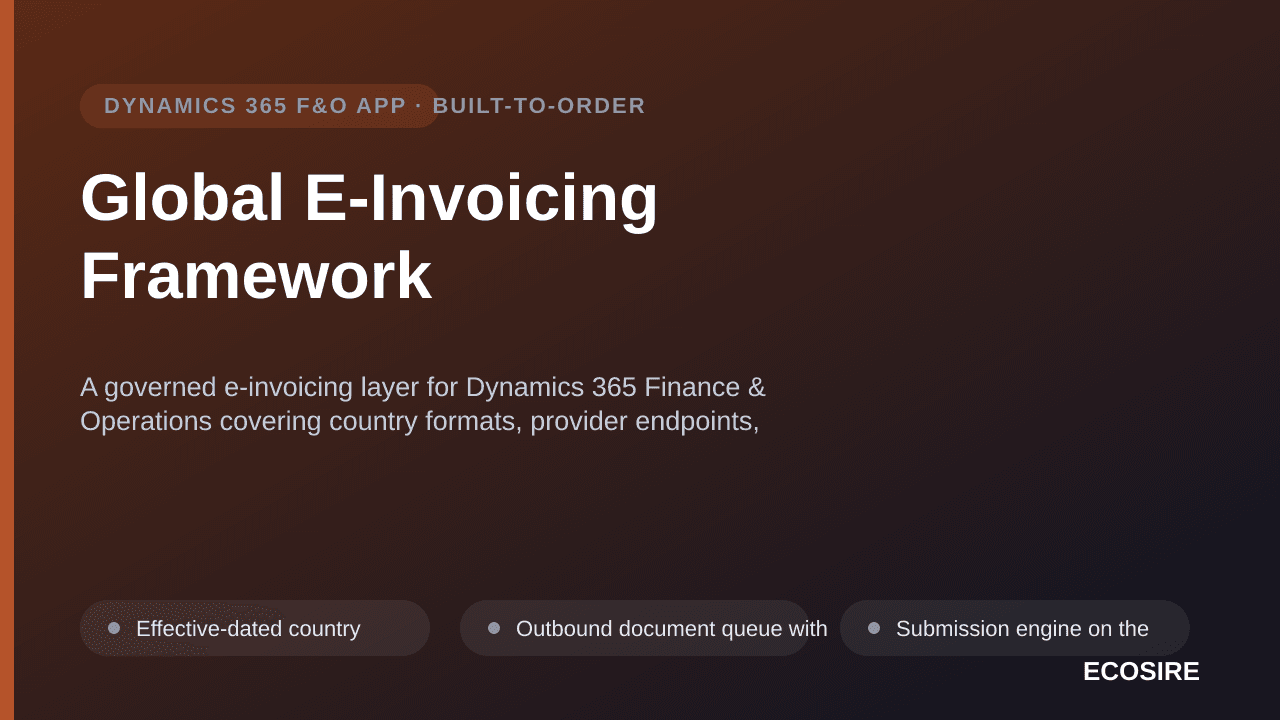 Global E-Invoicing Framework — A governed e-invoicing layer for Dynamics 365 Finance & Operations covering country formats, provider endpoints, clearance status and archiving