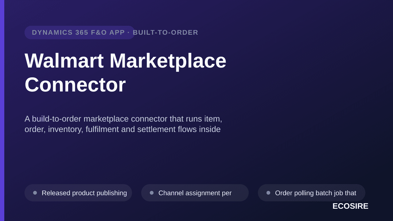 Walmart Marketplace Connector — A build-to-order marketplace connector that runs item, order, inventory, fulfilment and settlement flows inside Dynamics 365 Finance & Operations