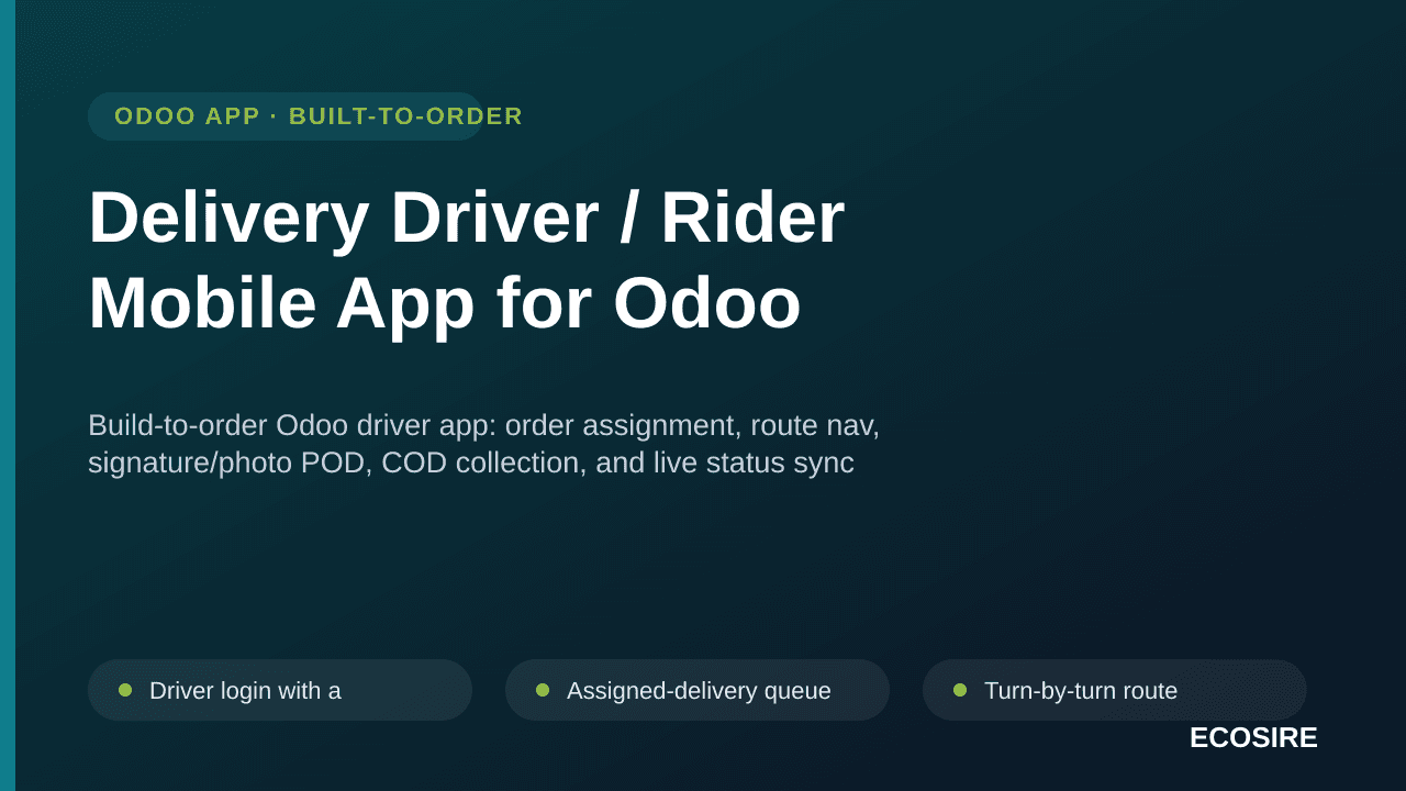 Delivery Driver / Rider Mobile App for Odoo — Build-to-order Odoo driver app: order assignment, route nav, signature/photo PO — Image 1 of 3