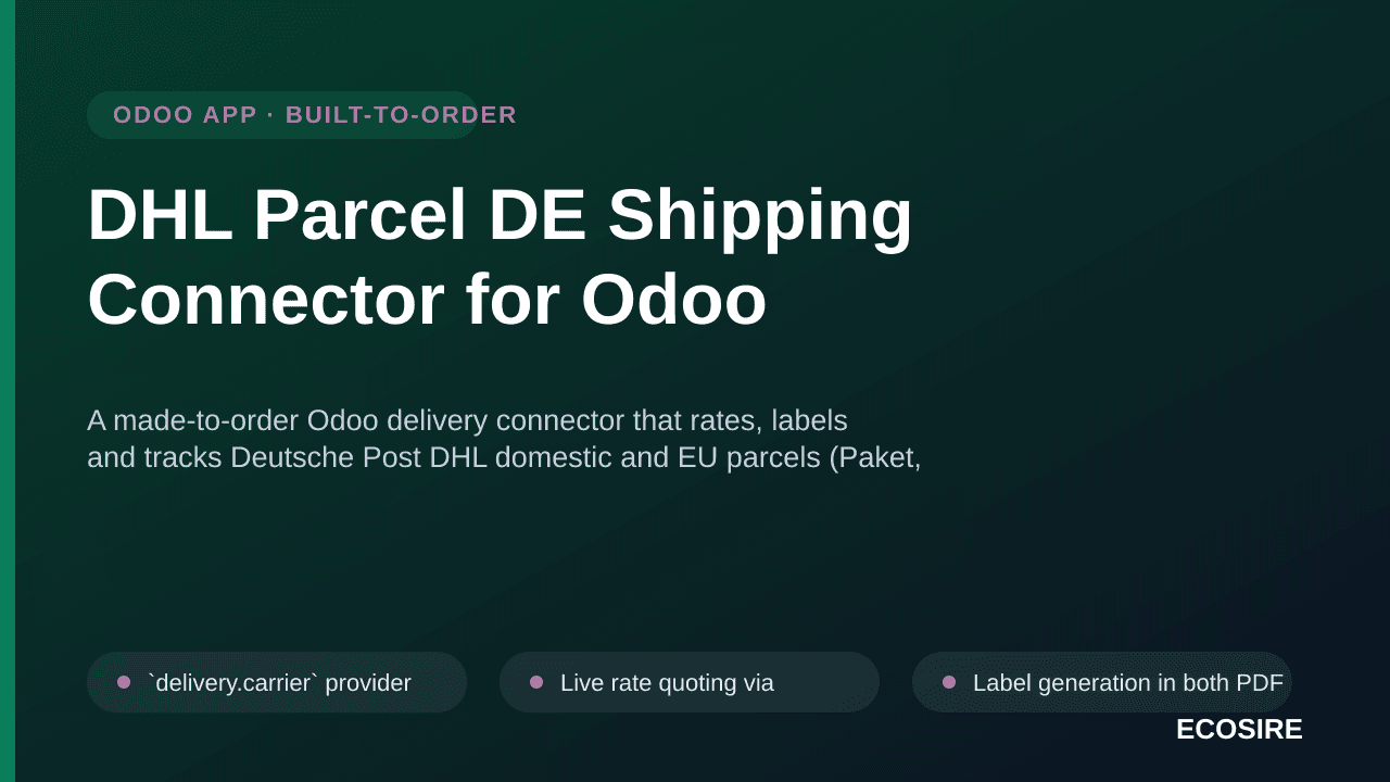 DHL Parcel DE Shipping Connector for Odoo — A made-to-order Odoo delivery connector that rates, labels and tracks Deutsche Po — Image 1 of 3