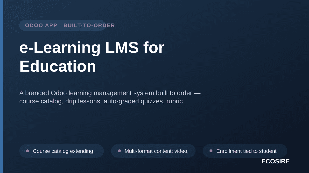 e-Learning LMS for Education — A branded Odoo learning management system built to order — course catalog, drip lessons, auto- — Image 1 of 3