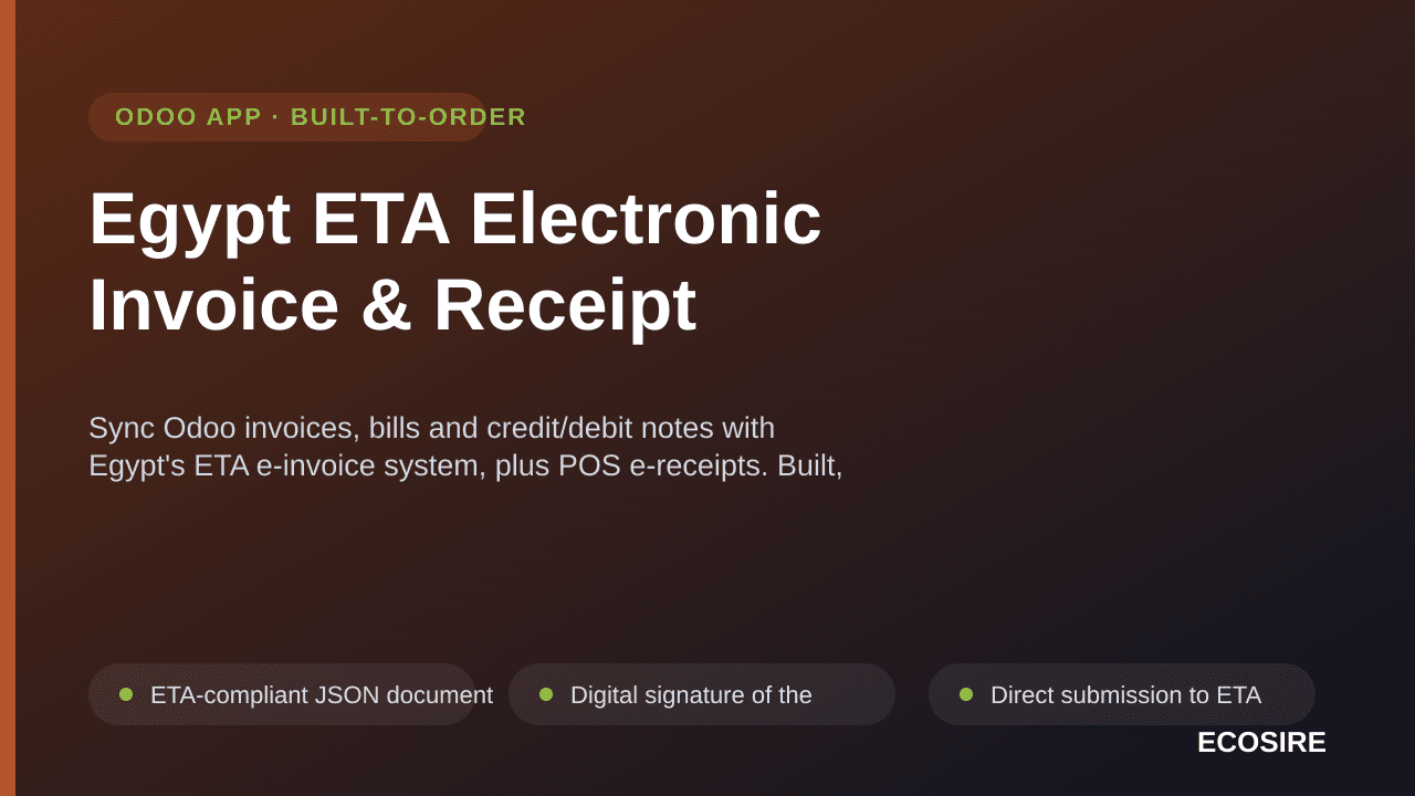 Egypt ETA Electronic Invoice & Receipt — Sync Odoo invoices, bills and credit/debit notes with Egypt's ETA e-invoice system, — Image 1 of 3