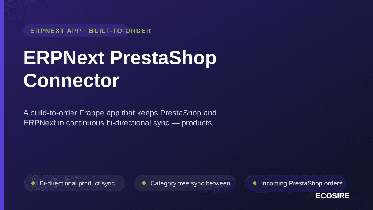 ERPNext PrestaShop Connector — A build-to-order Frappe app that keeps PrestaShop and ERPNext in continuous bi-directional syn — Image 1 of 3