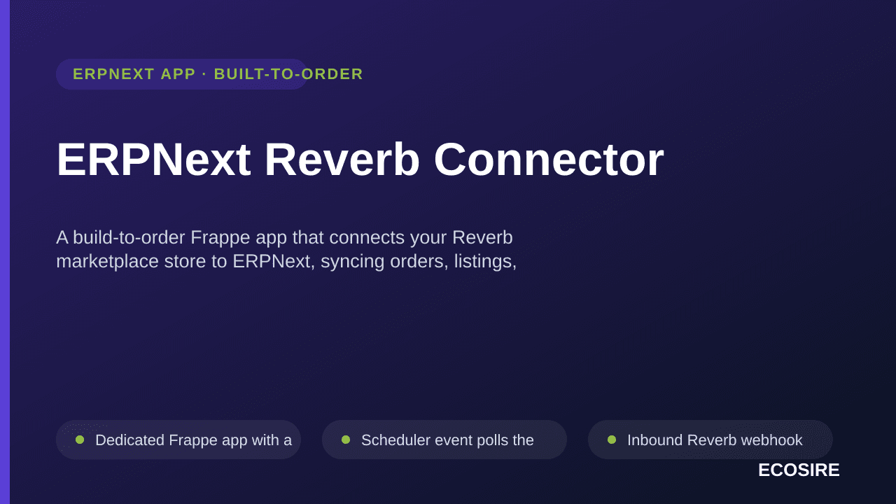 ERPNext Reverb Connector — A build-to-order Frappe app that connects your Reverb marketplace store to ERPNext, syncing orders — Image 1 of 3