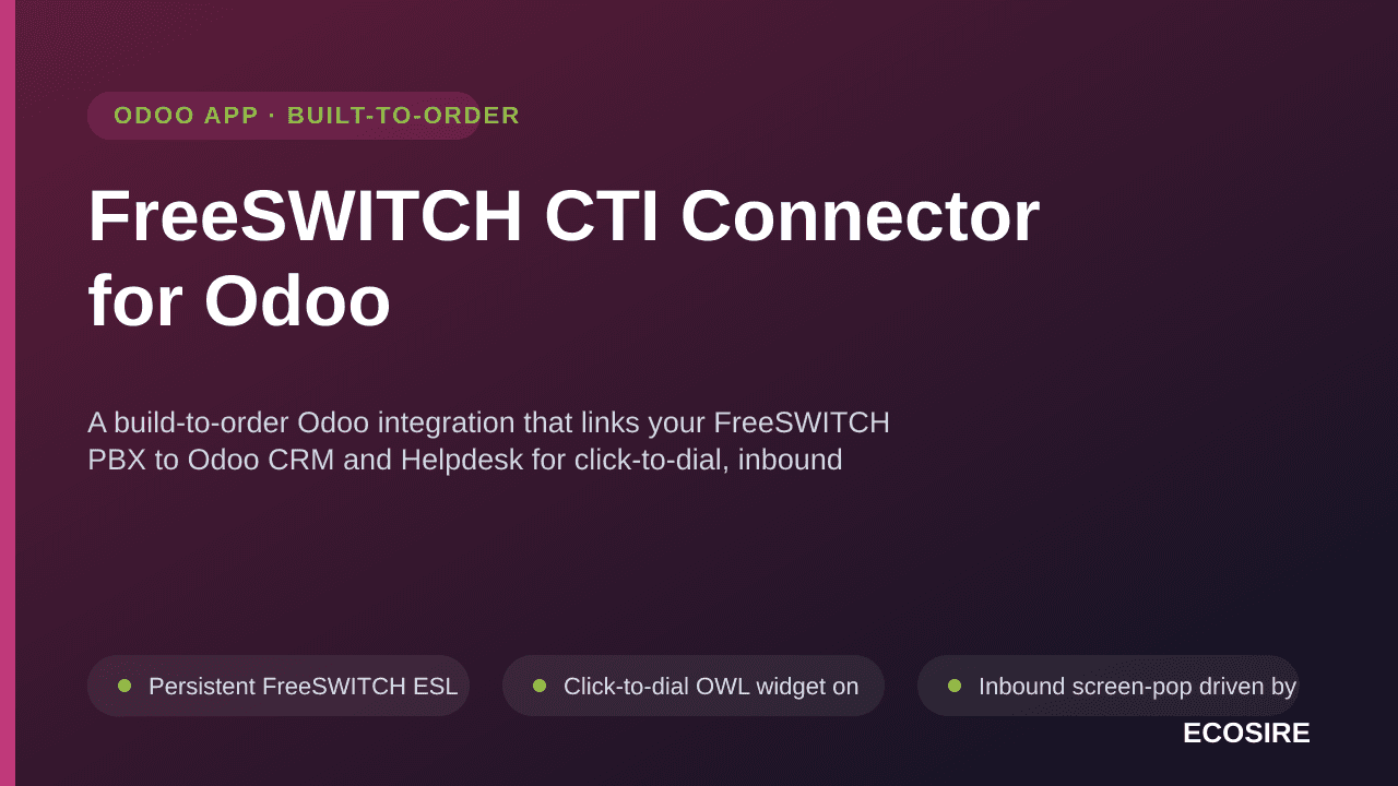FreeSWITCH CTI Connector for Odoo — A build-to-order Odoo integration that links your FreeSWITCH PBX to Odoo CRM and Helpdesk — Image 1 of 3