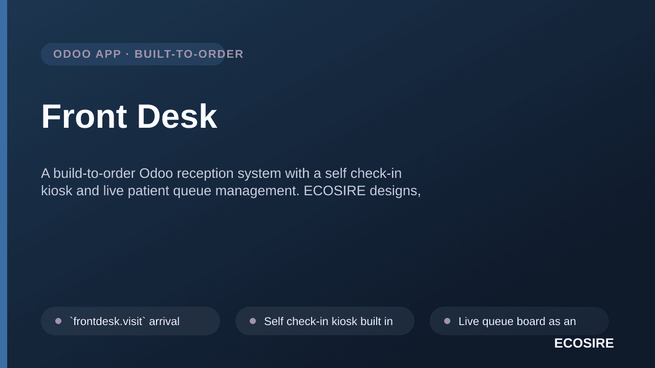 Front Desk — A build-to-order Odoo reception system with a self check-in kiosk and live patient queue management — Image 1 of 3