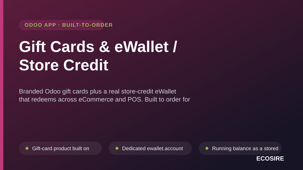 Gift Cards & eWallet / Store Credit — Branded Odoo gift cards plus a real store-credit eWallet that redeems across eCommerce — Image 1 of 3