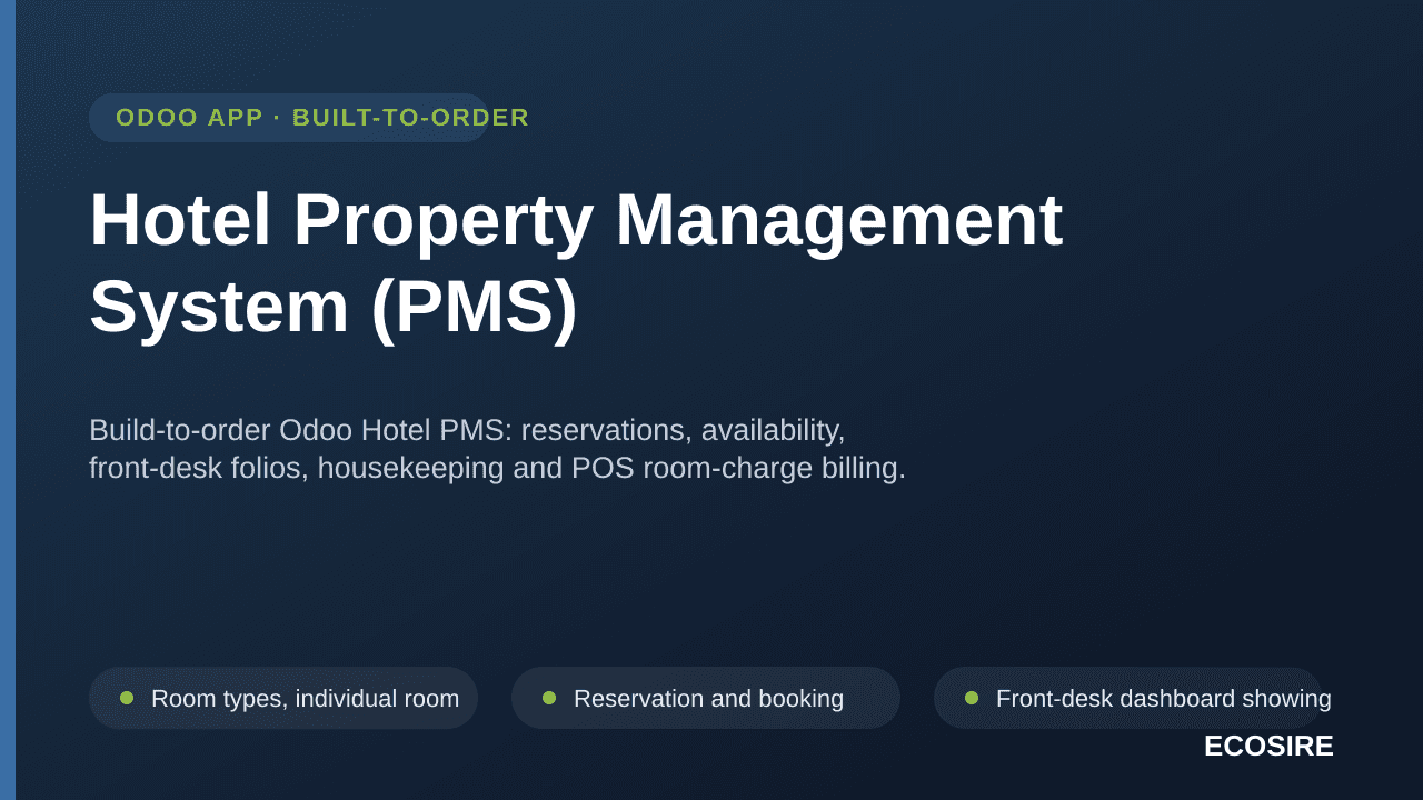 Hotel Property Management System (PMS) — Build-to-order Odoo Hotel PMS: reservations, availability, front-desk folios, housek — Image 1 of 3