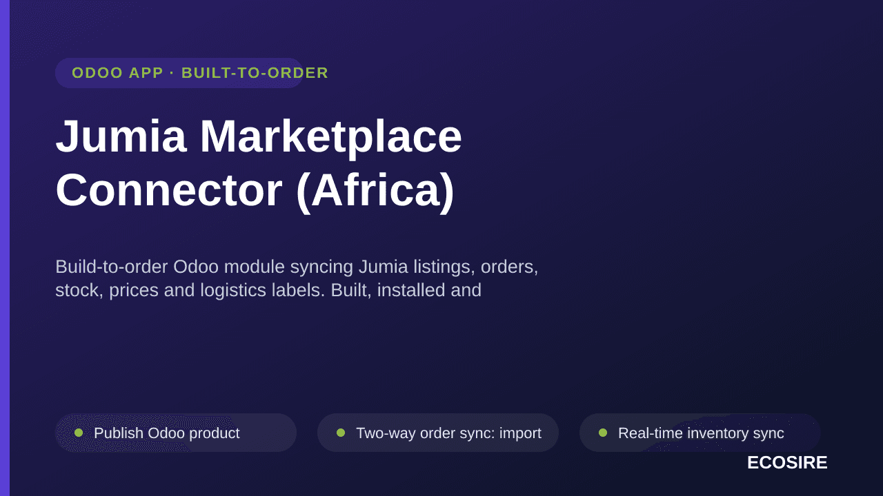 Jumia Marketplace Connector (Africa) — Build-to-order Odoo module syncing Jumia listings, orders, stock, prices and logistics — Image 1 of 3