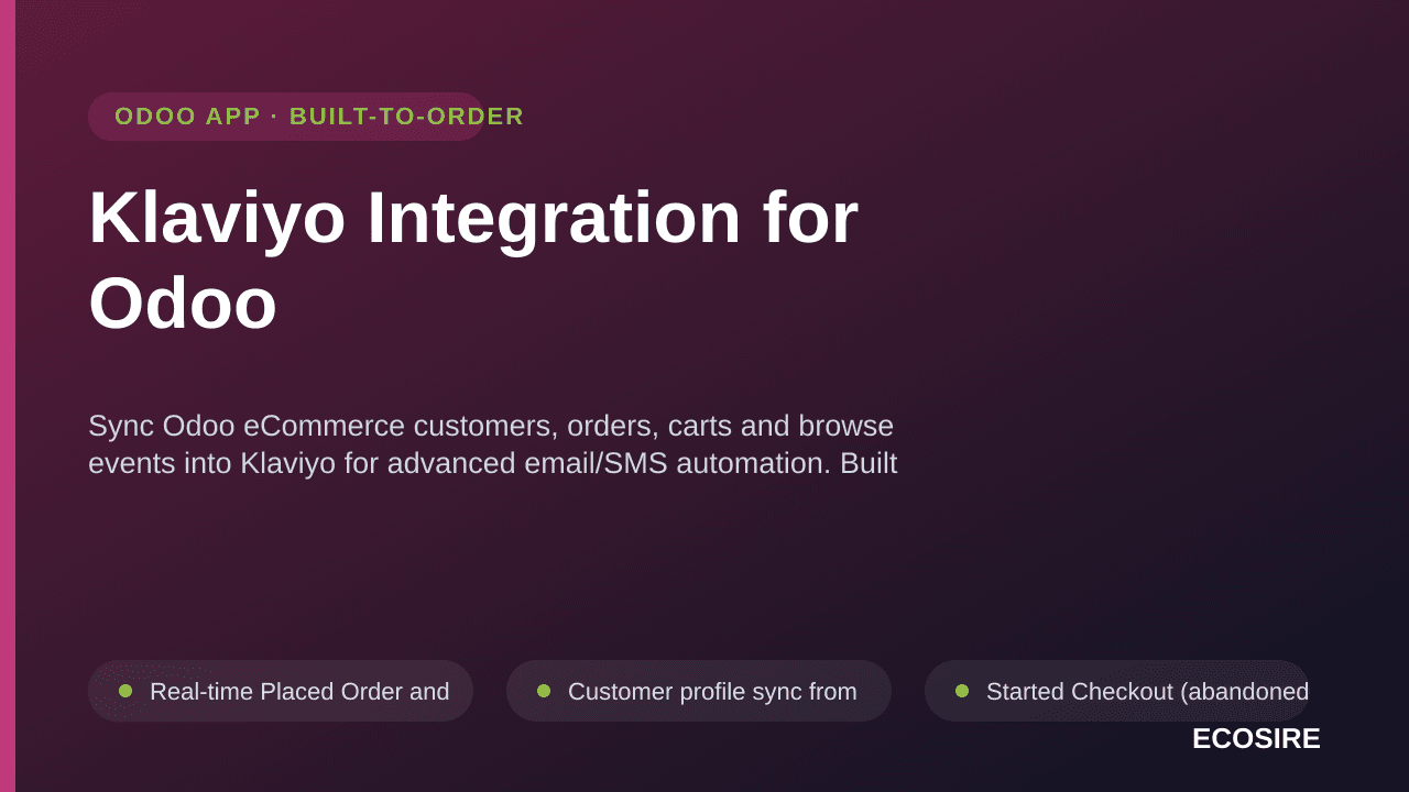 Klaviyo Integration for Odoo — Sync Odoo eCommerce customers, orders, carts and browse events into Klaviyo for advanced email — Image 1 of 3