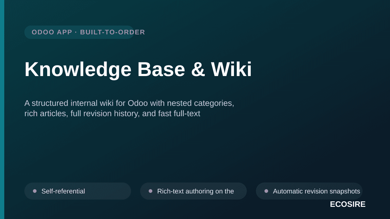 Knowledge Base & Wiki — A structured internal wiki for Odoo with nested categories, rich articles, full revision history, and — Image 1 of 3