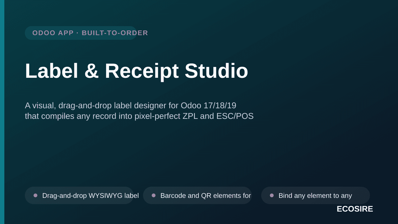Label & Receipt Studio — A visual, drag-and-drop label designer for Odoo 17/18/19 that compiles any record into pixel-perfect — Image 1 of 3