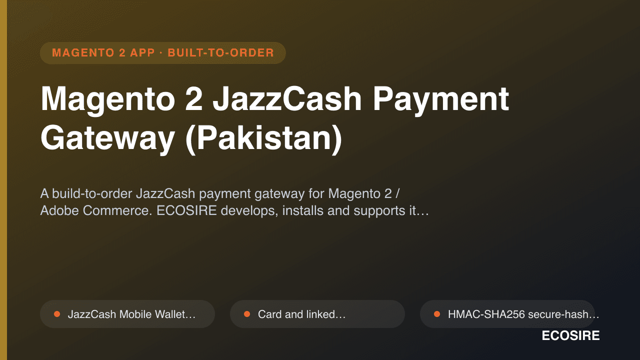 Magento 2 JazzCash Payment Gateway (Pakistan) — A build-to-order JazzCash payment gateway for Magento 2 / Adobe Commerce