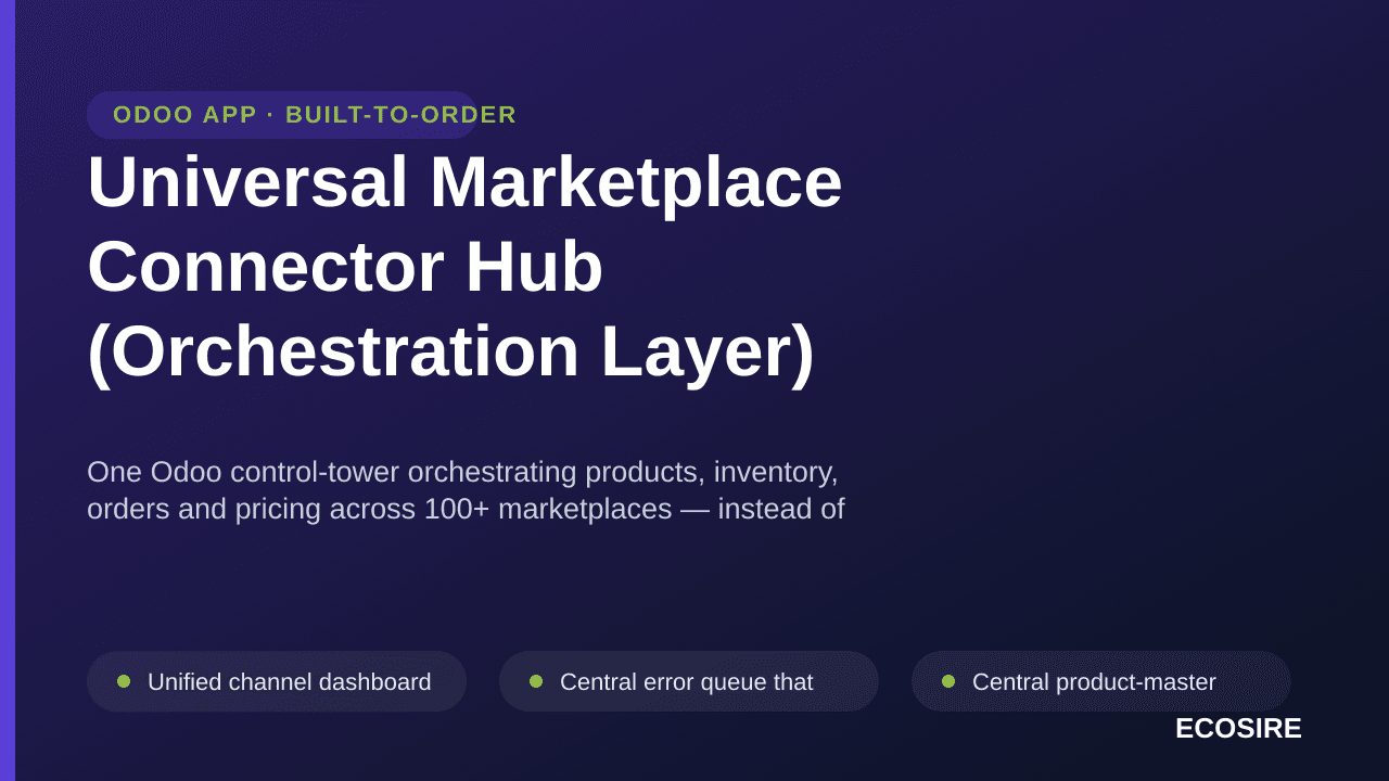 Universal Marketplace Connector Hub (Orchestration Layer) — One Odoo control-tower orchestrating products, inventory, orders — Image 1 of 3