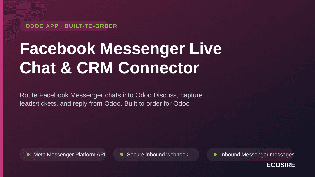 Facebook Messenger Live Chat & CRM Connector — Route Facebook Messenger chats into Odoo Discuss, capture leads/tickets, and r — Image 1 of 3
