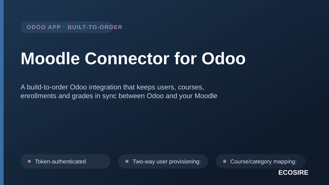 Moodle Connector for Odoo — A build-to-order Odoo integration that keeps users, courses, enrollments and grades in sync betwe — Image 1 of 3
