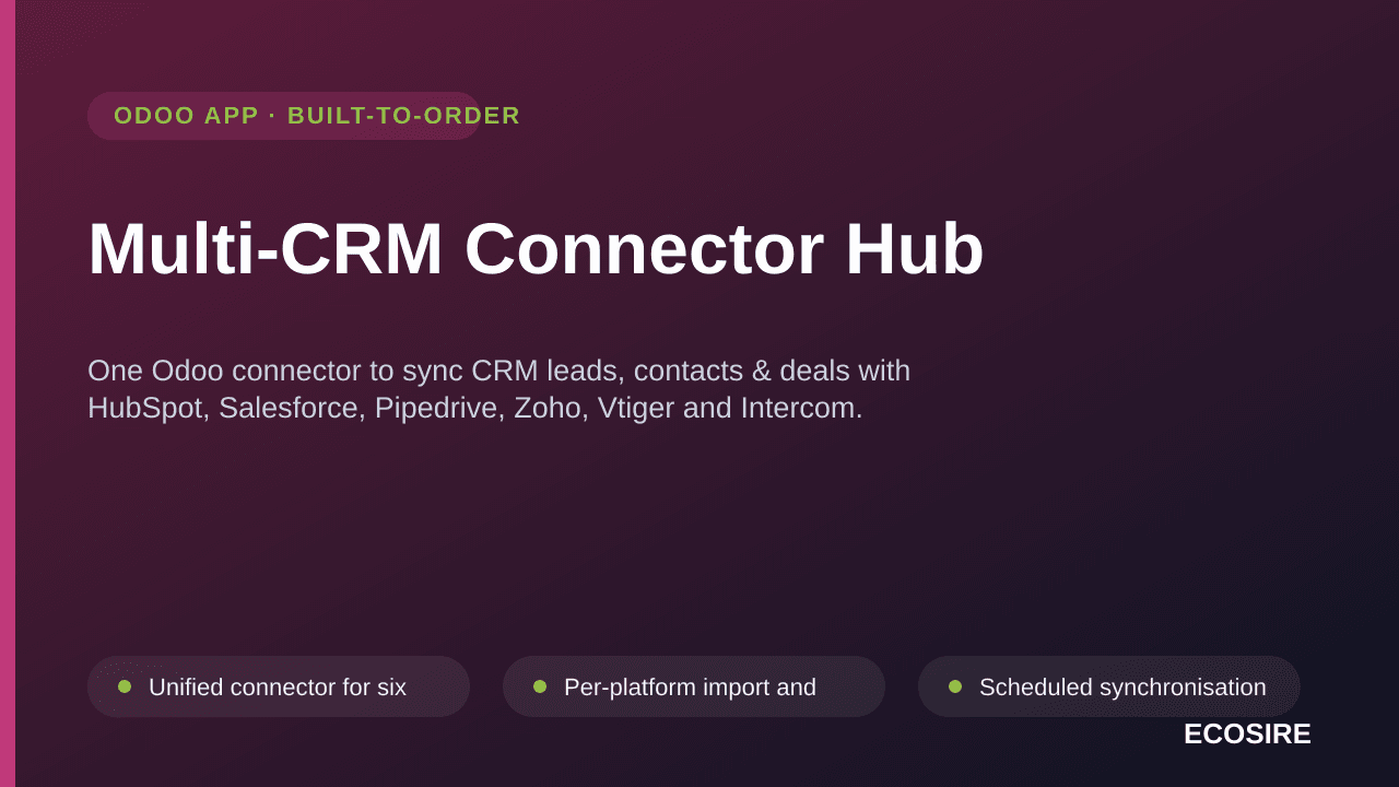 Multi-CRM Connector Hub — One Odoo connector to sync CRM leads, contacts & deals with HubSpot, Salesforce, Pipedrive, Zoho, V — Image 1 of 3