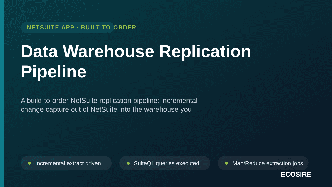 Data Warehouse Replication Pipeline — A build-to-order NetSuite replication pipeline: incremental change capture out of NetSuite into the warehouse you already own, with delete handling, backfills and pre-joined analytics views