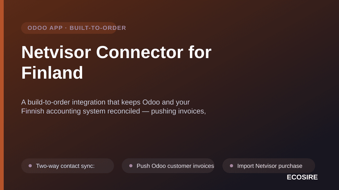 Netvisor Connector for Finland — A build-to-order integration that keeps Odoo and your Finnish accounting system reconciled — — Image 1 of 3