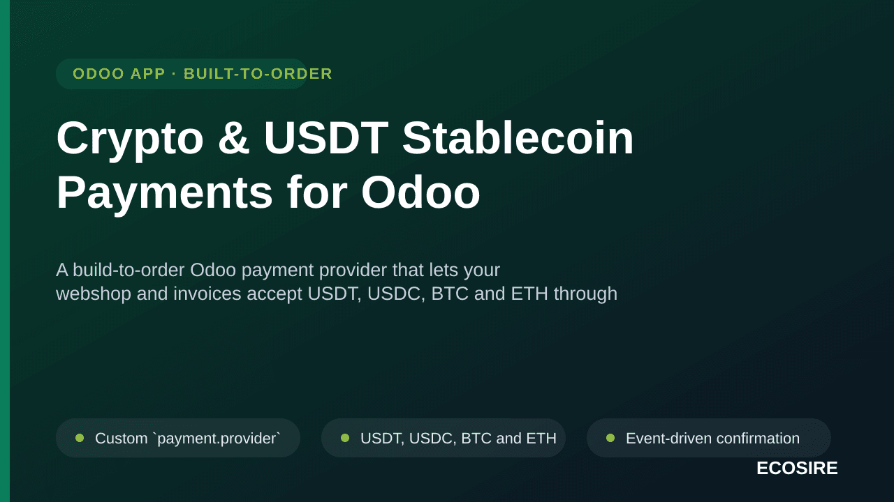 Crypto & USDT Stablecoin Payments for Odoo — A build-to-order Odoo payment provider that lets your webshop and invoices accep — Image 1 of 3