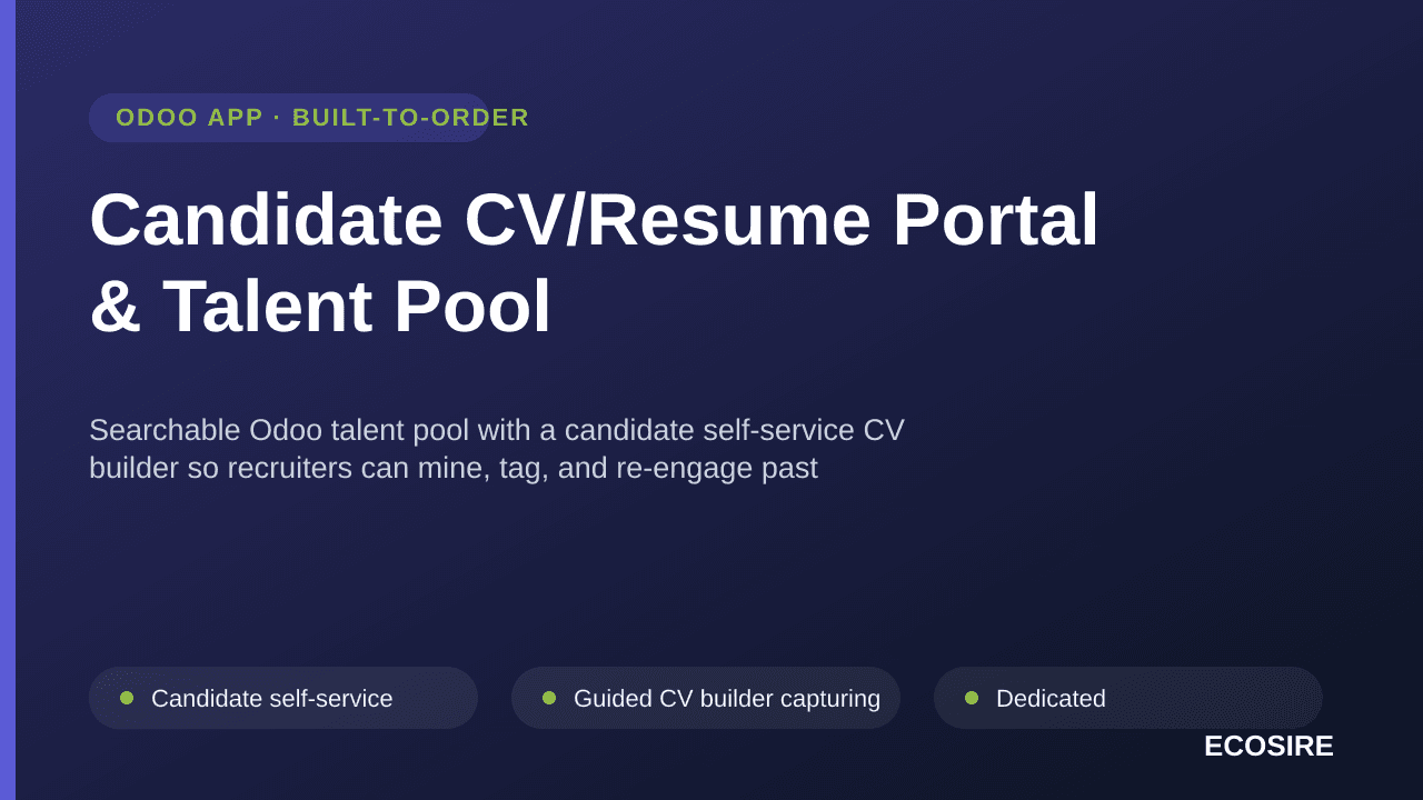 Candidate CV/Resume Portal & Talent Pool — Searchable Odoo talent pool with a candidate self-service CV builder so recruiters — Image 1 of 3