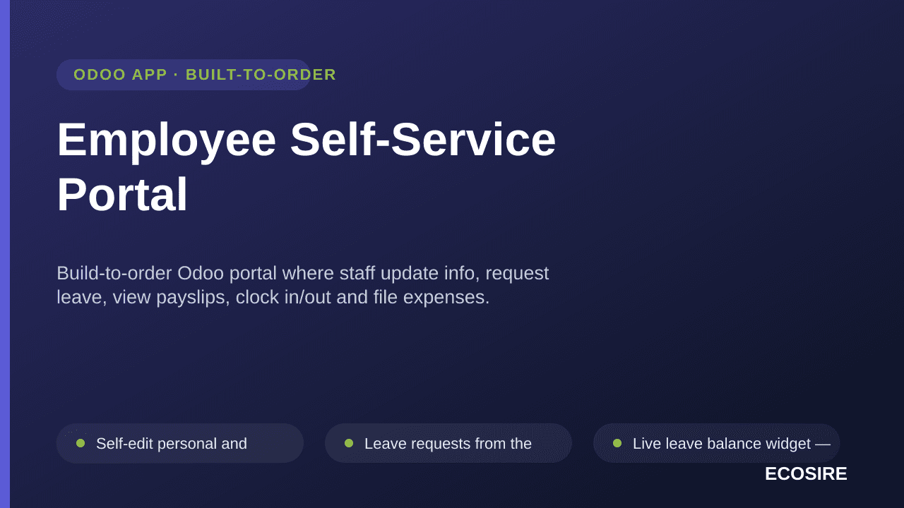 Employee Self-Service Portal — Build-to-order Odoo portal where staff update info, request leave, view payslips, clock in/out — Image 1 of 3