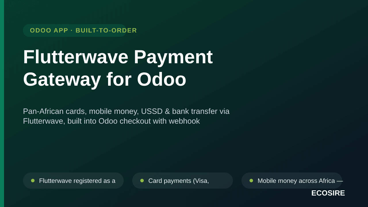 Flutterwave Payment Gateway for Odoo — Pan-African cards, mobile money, USSD & bank transfer via Flutterwave, built into Odoo — Image 1 of 3