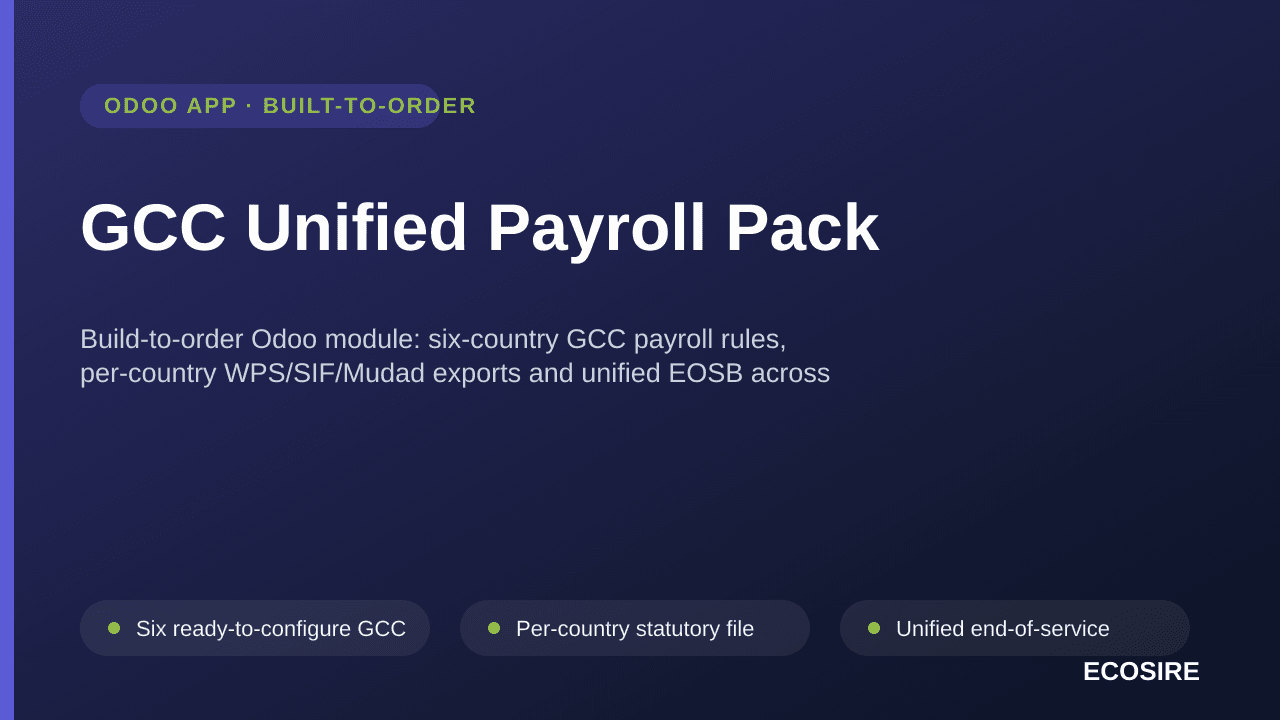 GCC Unified Payroll Pack — Build-to-order Odoo module: six-country GCC payroll rules, per-country WPS/SIF/Mudad exports and u — Image 1 of 3