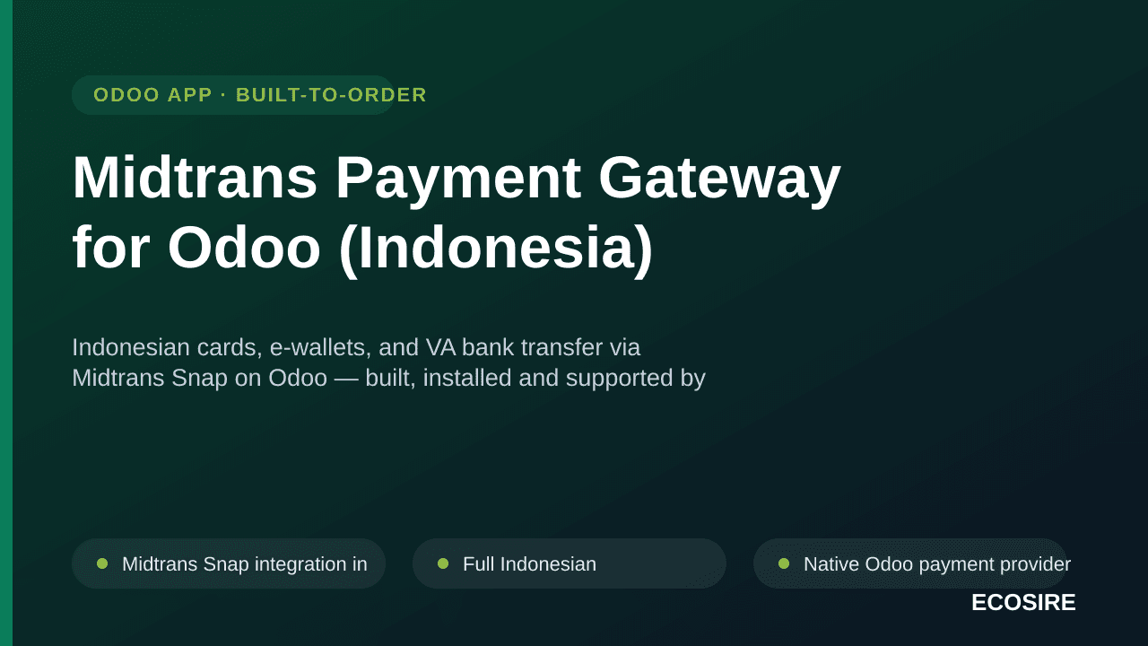 Midtrans Payment Gateway for Odoo (Indonesia) — Indonesian cards, e-wallets, and VA bank transfer via Midtrans Snap on Odoo — — Image 1 of 3