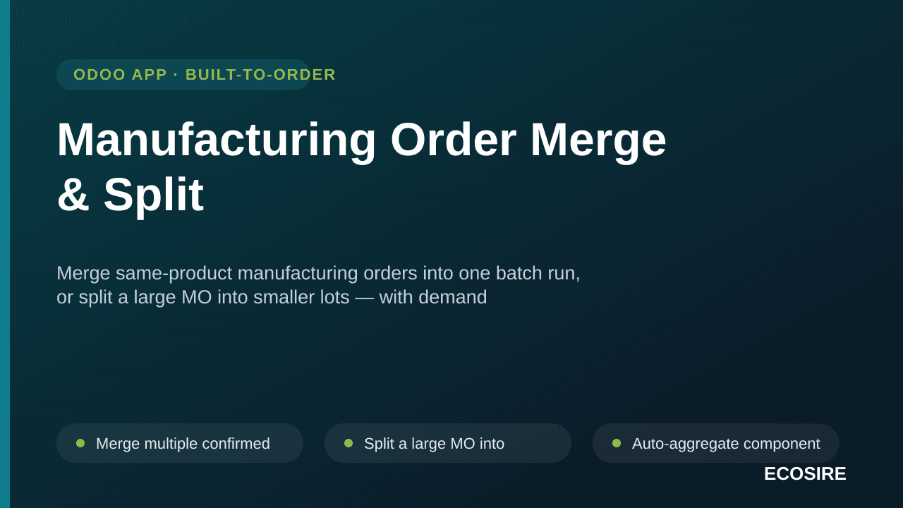 Manufacturing Order Merge & Split — Merge same-product manufacturing orders into one batch run, or split a large MO into smal — Image 1 of 3