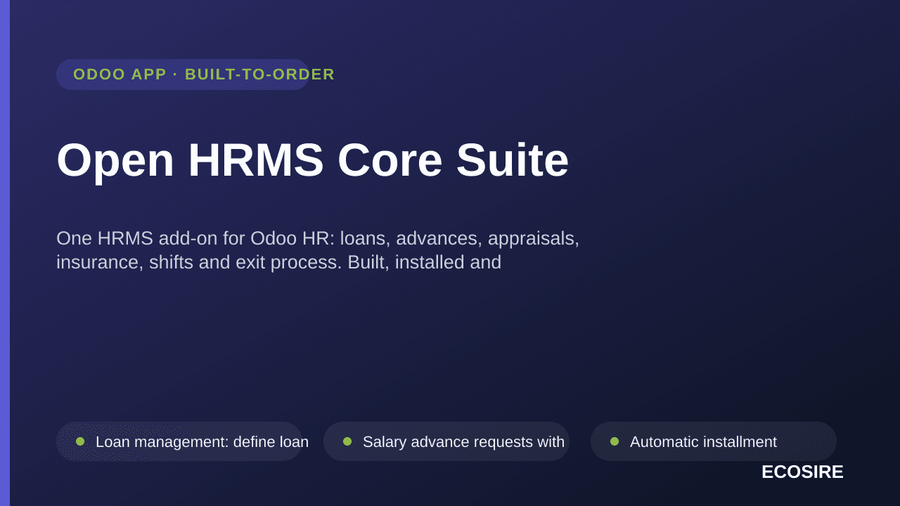 Open HRMS Core Suite — One HRMS add-on for Odoo HR: loans, advances, appraisals, insurance, shifts and exit process — Image 1 of 3