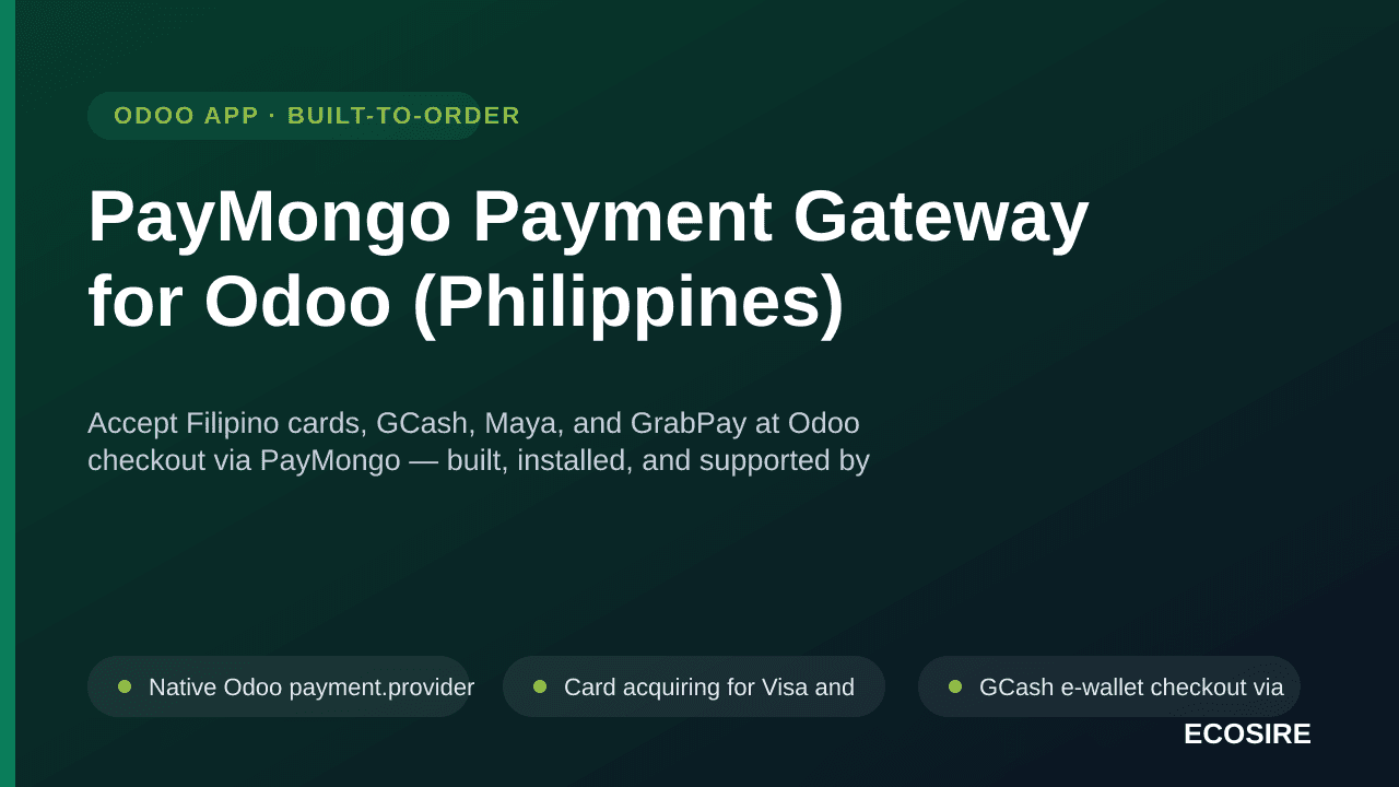 PayMongo Payment Gateway for Odoo (Philippines) — Accept Filipino cards, GCash, Maya, and GrabPay at Odoo checkout via PayMon — Image 1 of 3