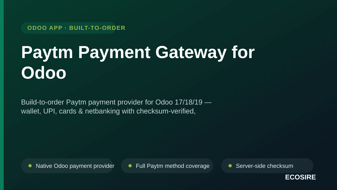 Paytm Payment Gateway for Odoo — Build-to-order Paytm payment provider for Odoo 17/18/19 — wallet, UPI, cards & netbanking wi — Image 1 of 3