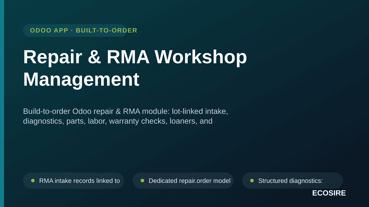 Repair & RMA Workshop Management — Build-to-order Odoo repair & RMA module: lot-linked intake, diagnostics, parts, labor, war — Image 1 of 3