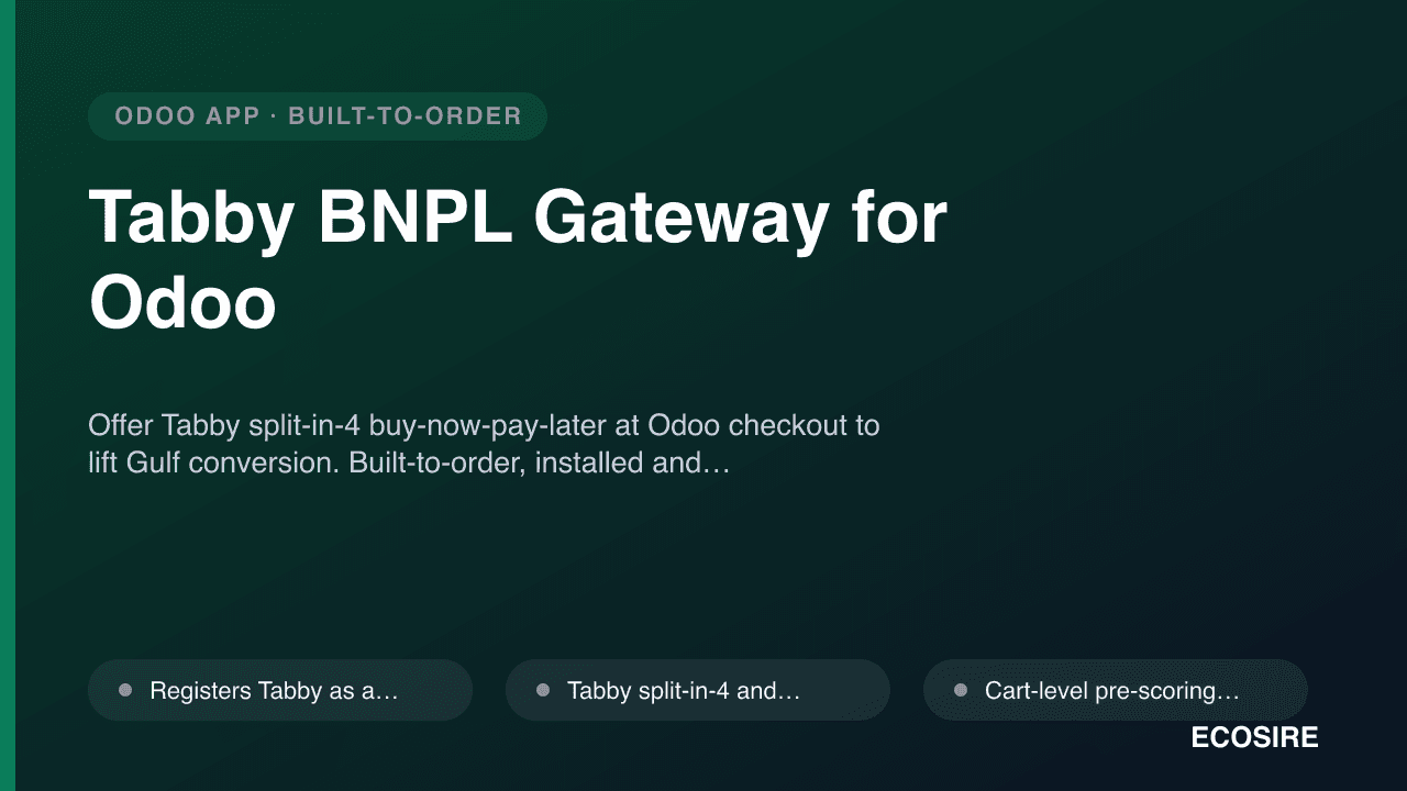Tabby BNPL Gateway for Odoo — Offer Tabby split-in-4 buy-now-pay-later at Odoo checkout to lift Gulf conversion
