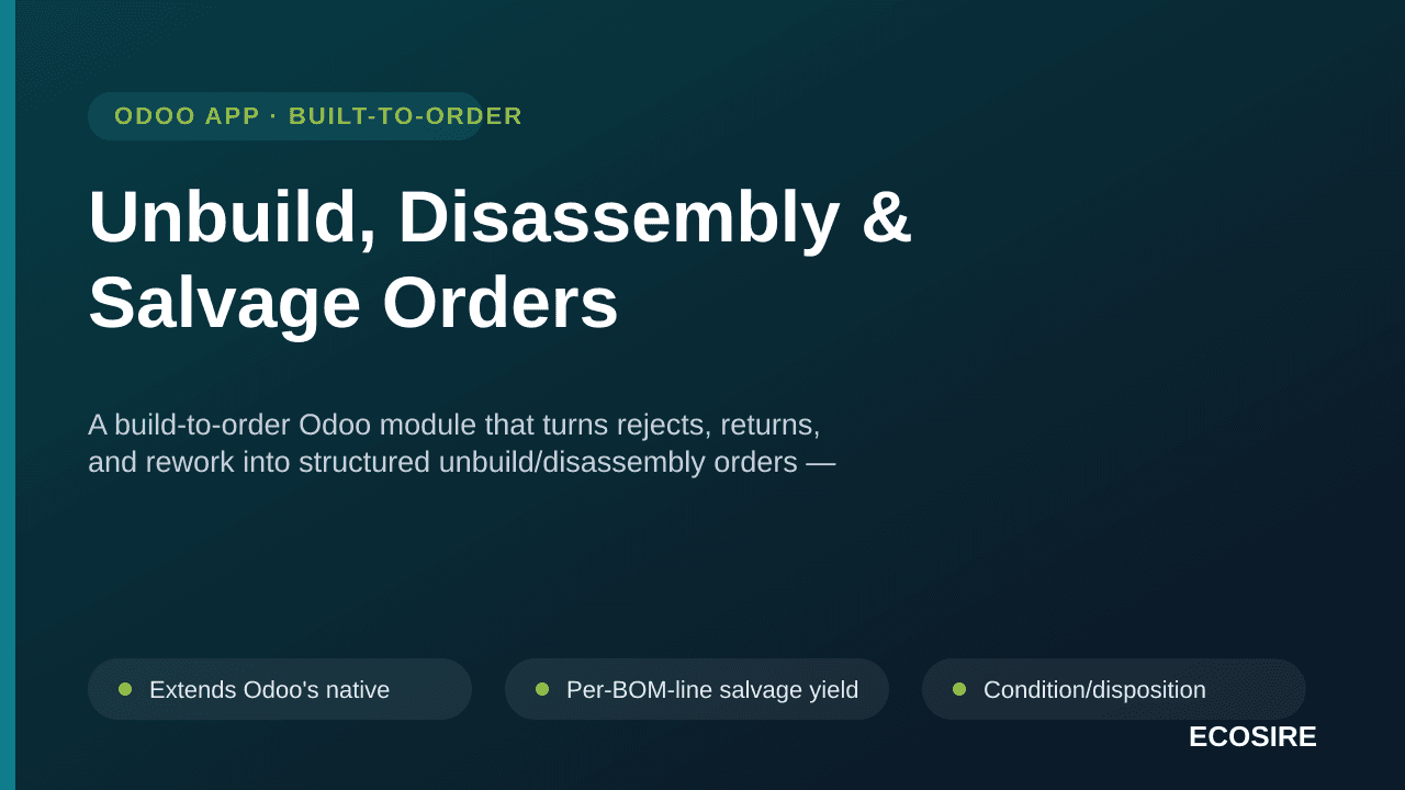 Unbuild, Disassembly & Salvage Orders — A build-to-order Odoo module that turns rejects, returns, and rework into structured — Image 1 of 3