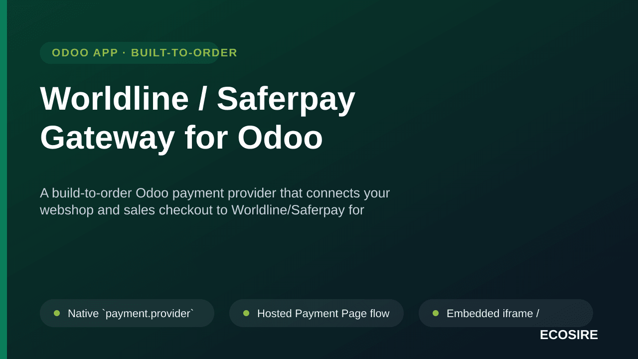 Worldline / Saferpay Gateway for Odoo — A build-to-order Odoo payment provider that connects your webshop and sales checkout — Image 1 of 3