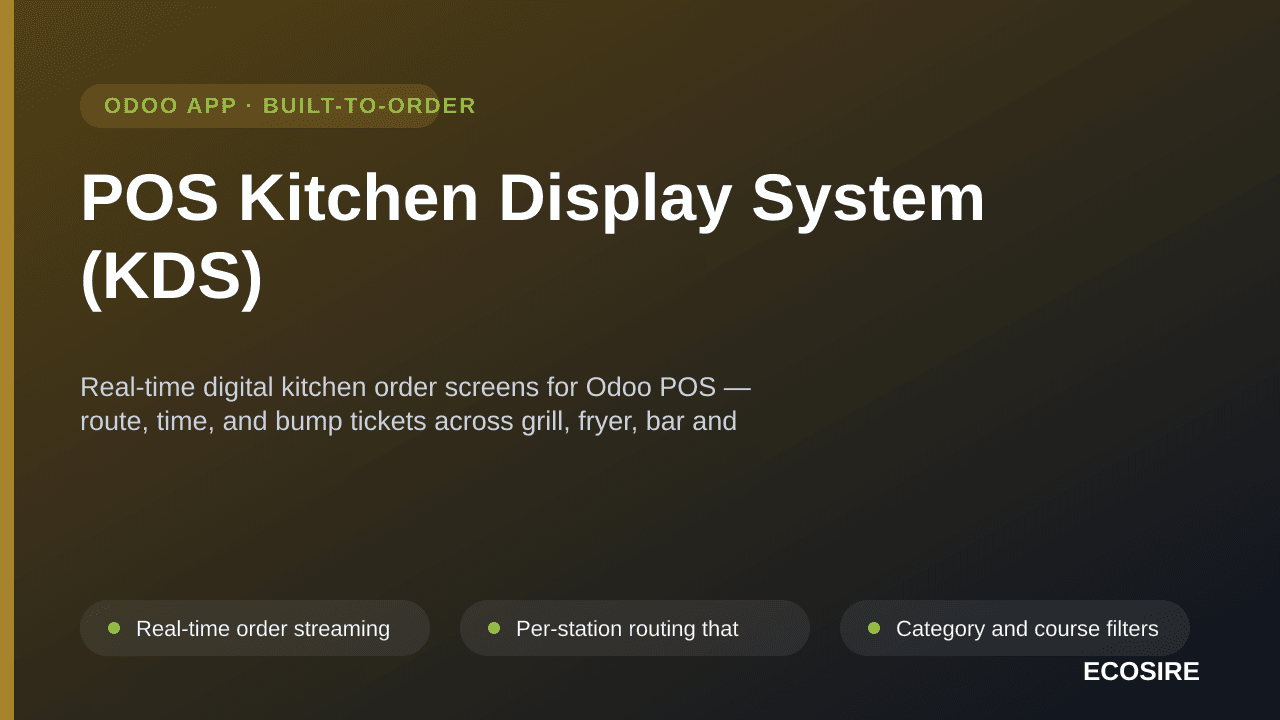 POS Kitchen Display System (KDS) — Real-time digital kitchen order screens for Odoo POS — route, time, and bump tickets acros — Image 1 of 3