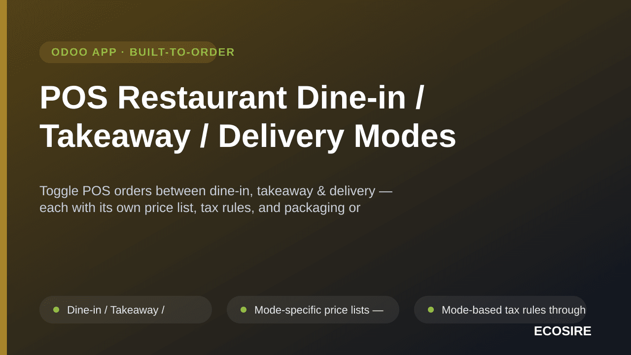 POS Restaurant Dine-in / Takeaway / Delivery Modes — Toggle POS orders between dine-in, takeaway & delivery — each with its o — Image 1 of 3