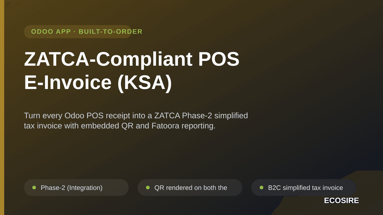 ZATCA-Compliant POS E-Invoice (KSA) — Turn every Odoo POS receipt into a ZATCA Phase-2 simplified tax invoice with embedded Q — Image 1 of 3