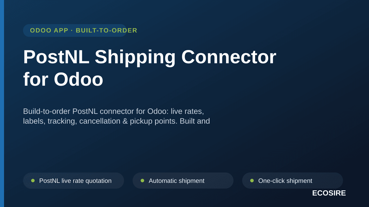 PostNL Shipping Connector for Odoo — Build-to-order PostNL connector for Odoo: live rates, labels, tracking, cancellation & p — Image 1 of 3