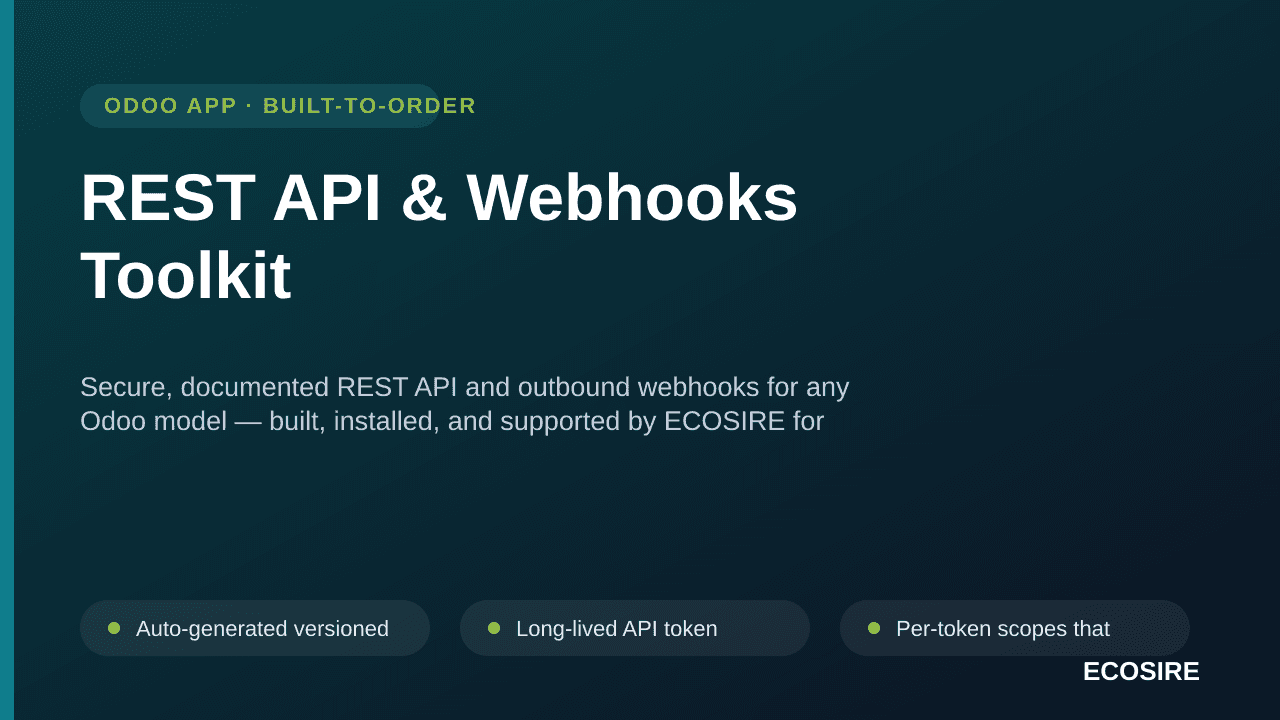REST API & Webhooks Toolkit — Secure, documented REST API and outbound webhooks for any Odoo model — built, installed, and su — Image 1 of 3
