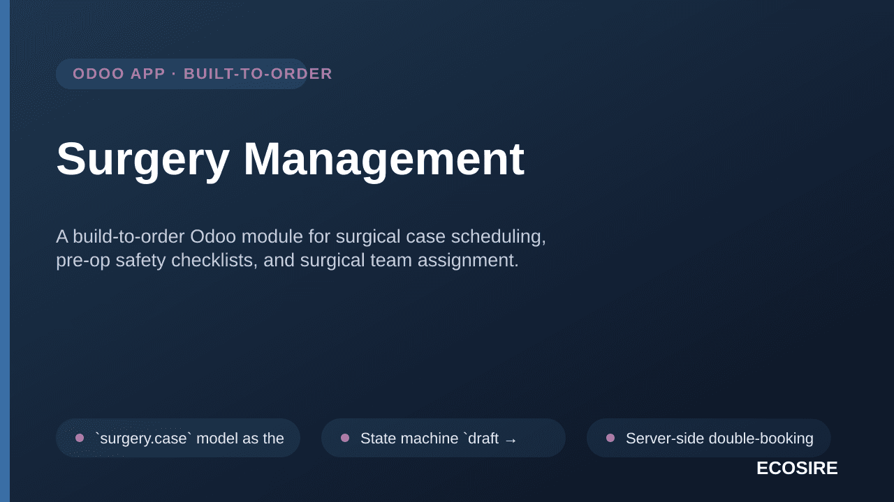 Surgery Management — A build-to-order Odoo module for surgical case scheduling, pre-op safety checklists, and surgical team a — Image 1 of 3