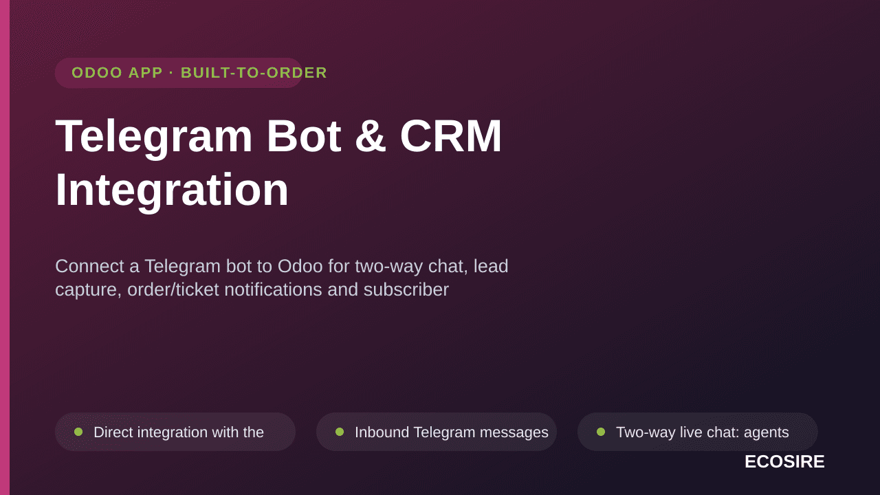Telegram Bot & CRM Integration — Connect a Telegram bot to Odoo for two-way chat, lead capture, order/ticket notifications an — Image 1 of 3