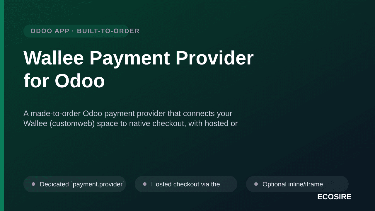 Wallee Payment Provider for Odoo — A made-to-order Odoo payment provider that connects your Wallee space to native checkout, — Image 1 of 3